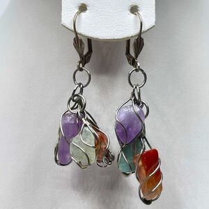 Artisan Wire Wrap Multi Gemstone Dangle Lever Back Earrings Silver Tone Boho